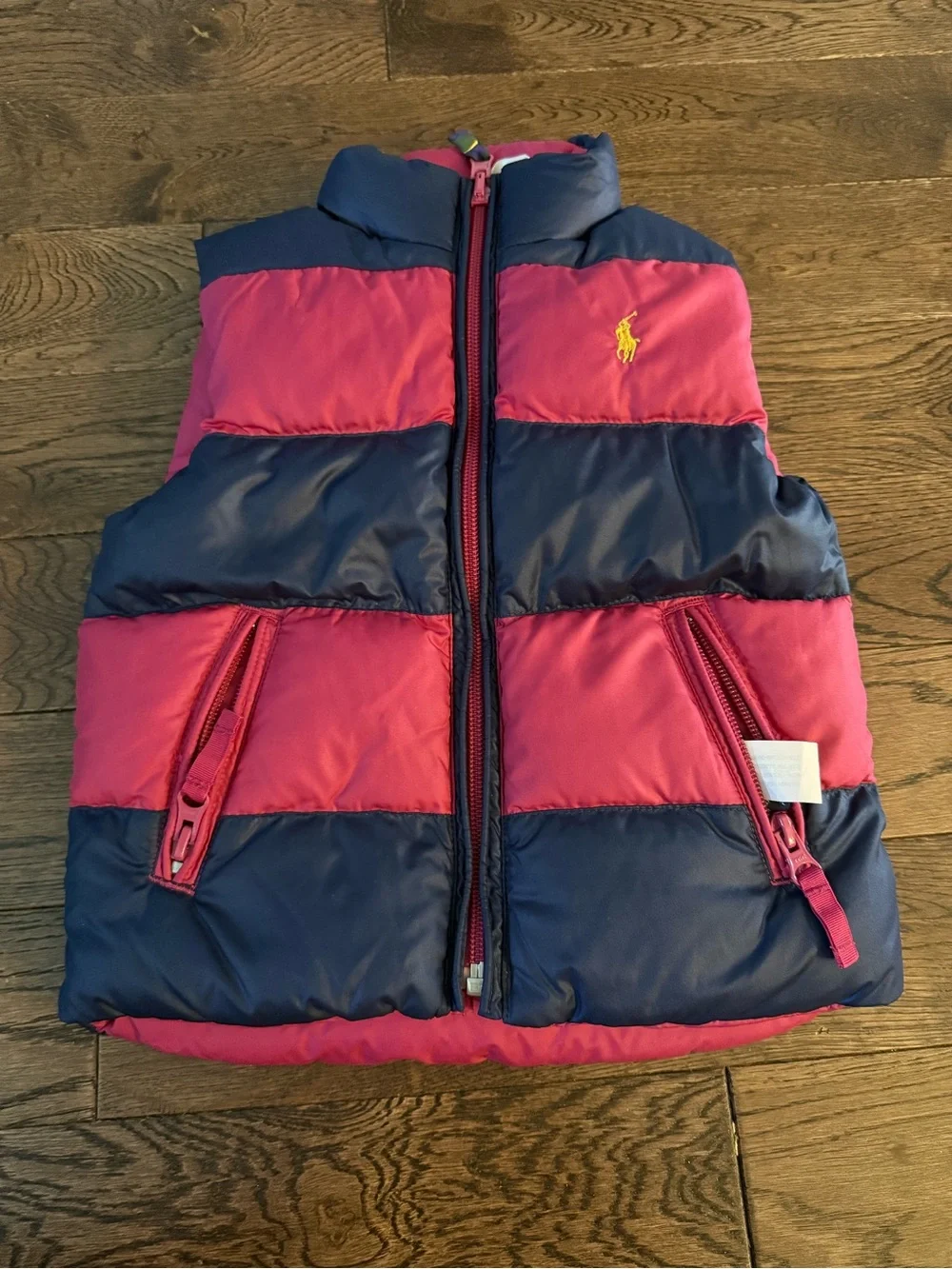 Ralph Lauren Pink & Navy Reversible Puffer Vest with Yellow Pony